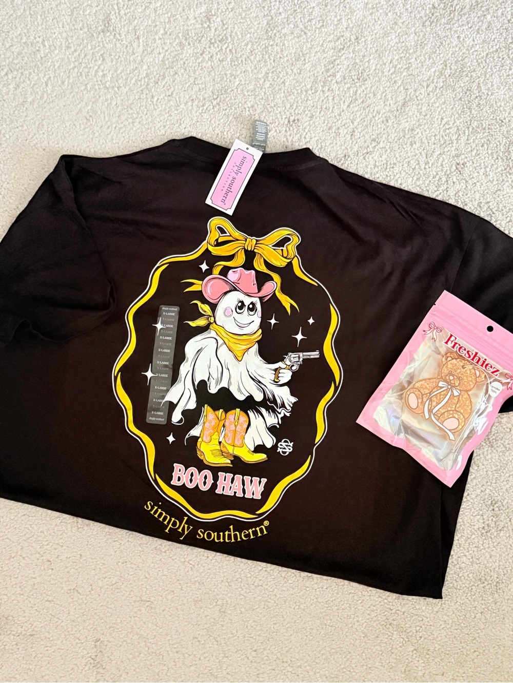 Simply Southern Black Tee with Pink, Yellow and Orange Ghost Cowboy